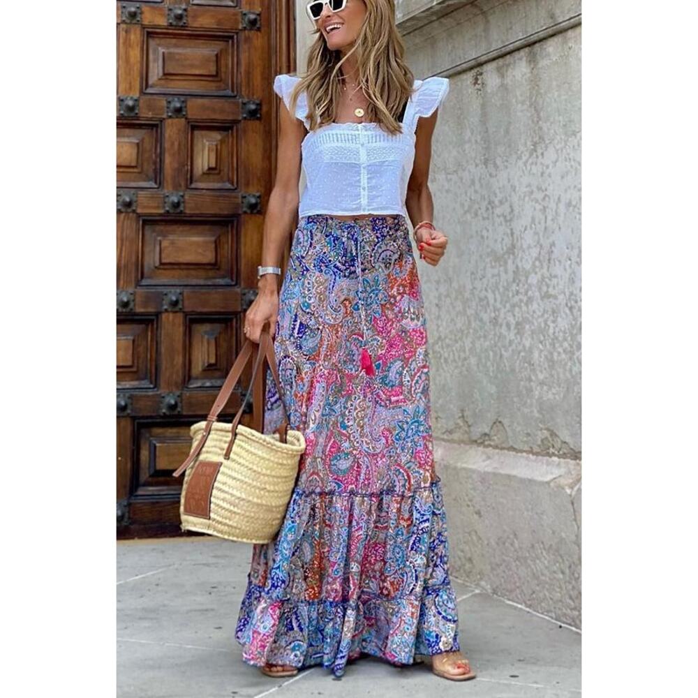 Blue Paisley‎ Print Long Flowy Tiered Maxi Skirt Womens size L Boho Peasant